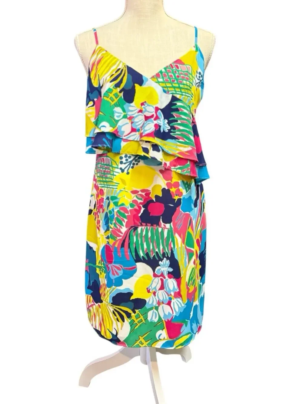 J.Crew Dress Ruffle Front Bright Multi Floral Spaghetti Strap Midi Size 4